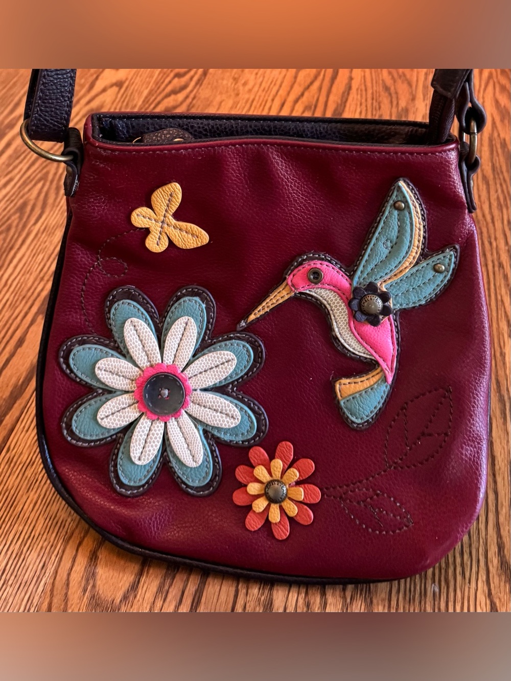 Chala Burgundy Crossbody with Floral & Hummingbird Appliqués